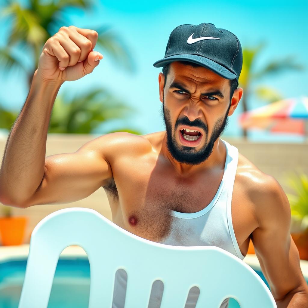 An angry Middle Eastern man wearing a black Nike hat, a white tank top, and colorful swimming trunks, gripping a plastic white chair