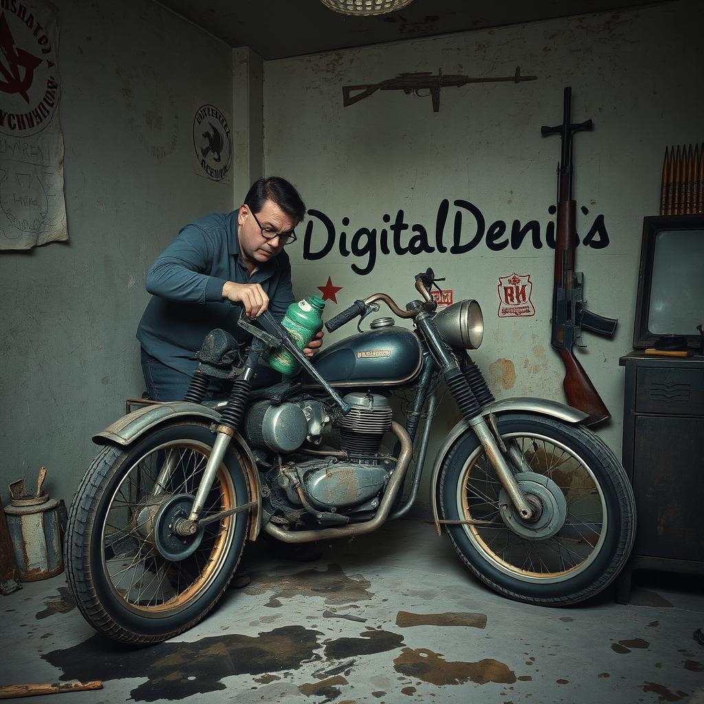 An old motorcycle situated in a dilapidated Soviet-era garage, the walls adorned with faded English symbols