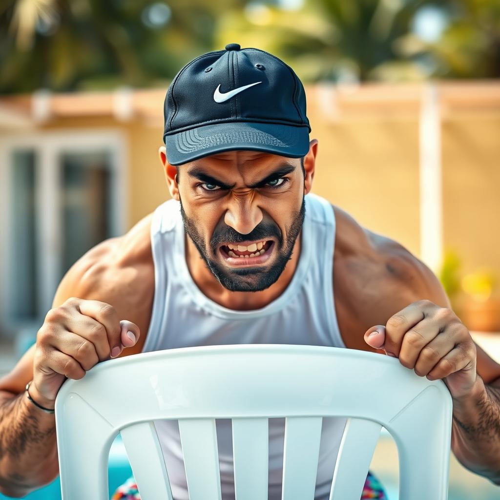 An angry Middle Eastern man wearing a black Nike hat, a white tank top, and colorful swimming trunks, firmly holding a plastic white chair