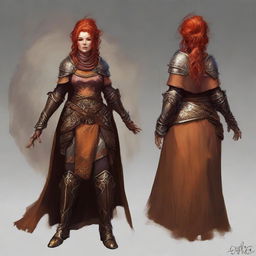 A charismatic redhead dwarven female kineticist, unarmed, majestically cloaked in robust heavy armor, manipulates her control over wood and earth elements to command leaves and rocks swirling in a vibrant wind current around her.