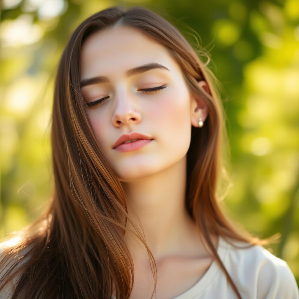 A serene and peaceful image of a young woman with long, flowing hair, gently closing her eyes in a natural manner