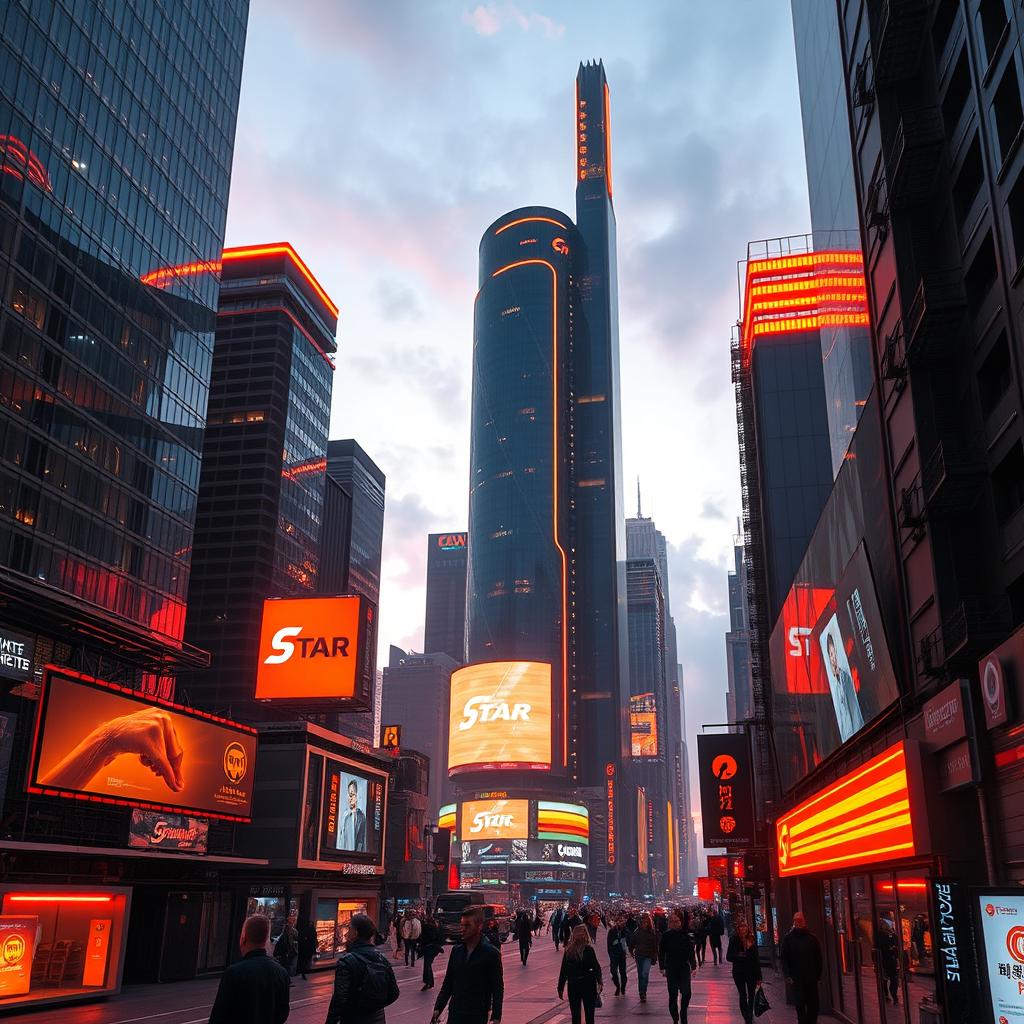 A futuristic cityscape at dusk, featuring towering skyscrapers illuminated with acid gray and vibrant orange neon lights
