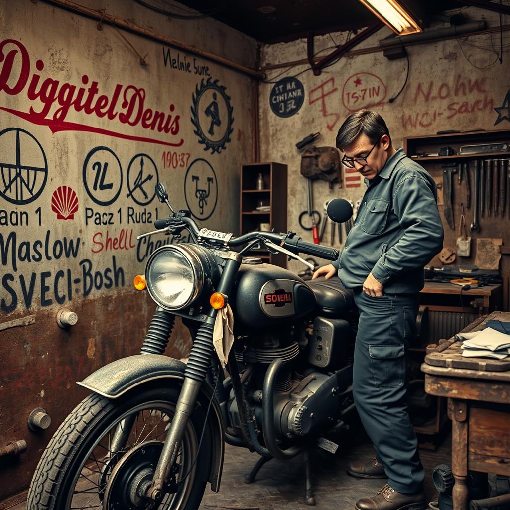 An old motorcycle is parked inside a rustic Soviet-style garage filled with character