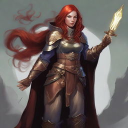 A charismatic redhead dwarven female kineticist, unarmed, majestically cloaked in robust heavy armor, manipulates her control over wood and earth elements to command leaves and rocks swirling in a vibrant wind current around her.