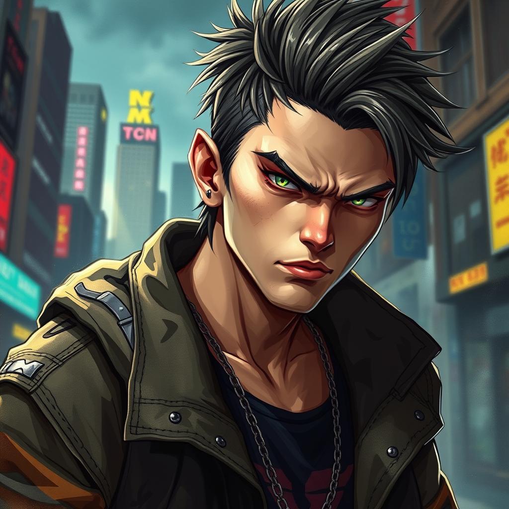 A realistic portrayal of a character inspired by Crow Zero, featuring an intense young male with a rugged look, wearing a stylish but tough outfit that blends modern street fashion with elements of rebellious youth culture