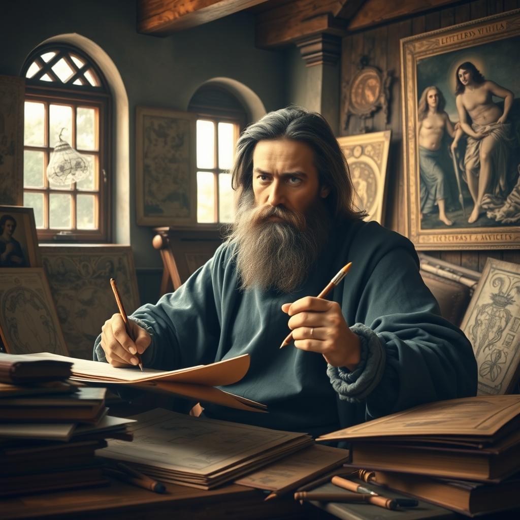 A beautiful Renaissance scene featuring Leonardo da Vinci in his workshop, showcasing him drawing and writing simultaneously with both hands