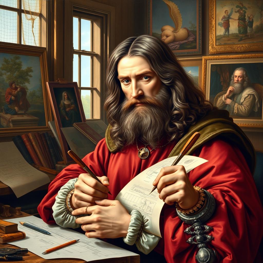 A portrayal of Leonardo da Vinci in a vibrant Renaissance setting, showcasing him using both hands to draw and write simultaneously