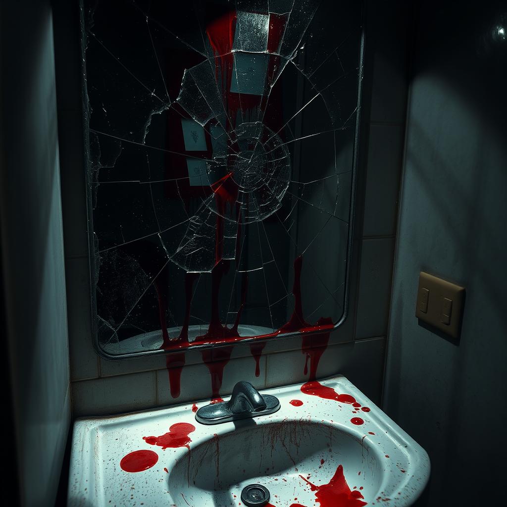 A dark, eerie bathroom scene featuring a cracked mirror reflecting distorted images