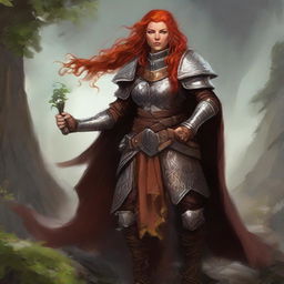 A charismatic redhead dwarven female kineticist, unarmed, majestically cloaked in robust heavy armor, manipulates her control over wood and earth elements to command leaves and rocks swirling in a vibrant wind current around her.