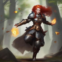 An empowering image of a redhead dwarven female kineticist, unarmed, encased in her commanding heavy armor. Mastery over wood and earth elements is on display as she forces a whirl of air with floating leaves and rocks around her.