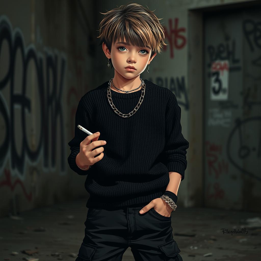 A young boy with dark medium hair and blonde highlights, wearing a black sweater and cargo black pants