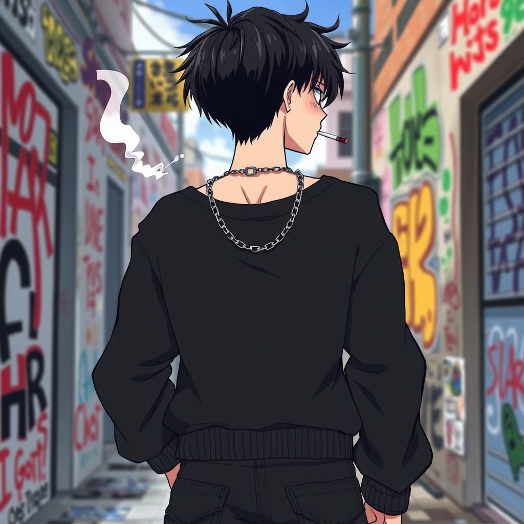 An anime-style artwork featuring a boy standing with his back slightly turned, showcasing his dark medium-length hair with a striking blonde back undercut