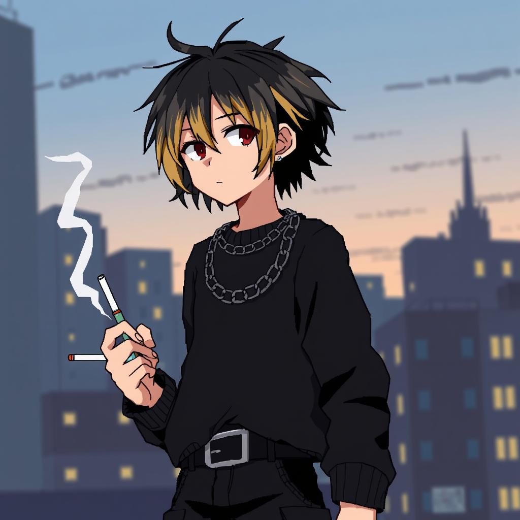 An anime artwork in pixel art style featuring a boy with dark medium hair that transitions to blonde at the back