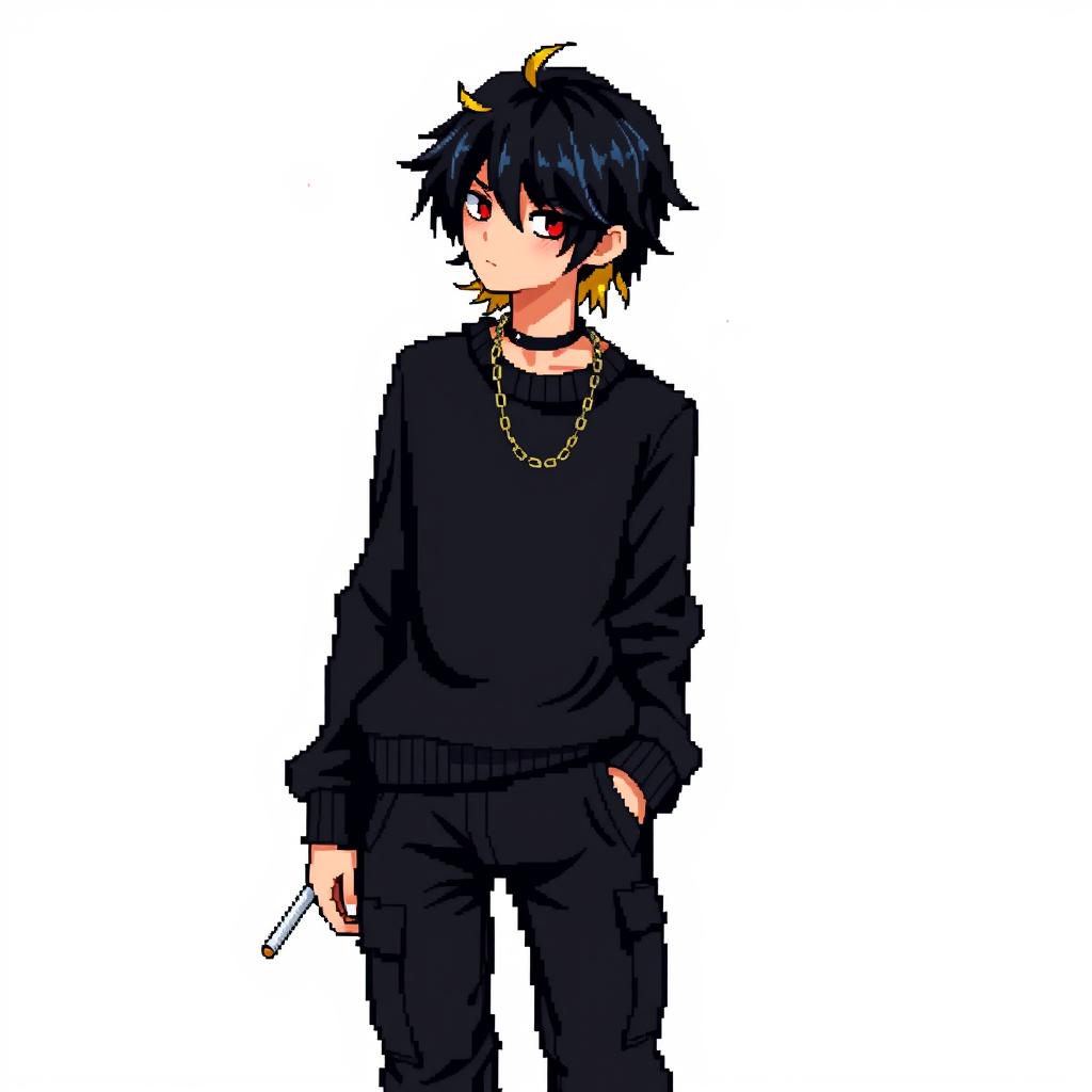 A pixel art style illustration featuring a boy with dark medium-length hair, where the back of his hair is blonde