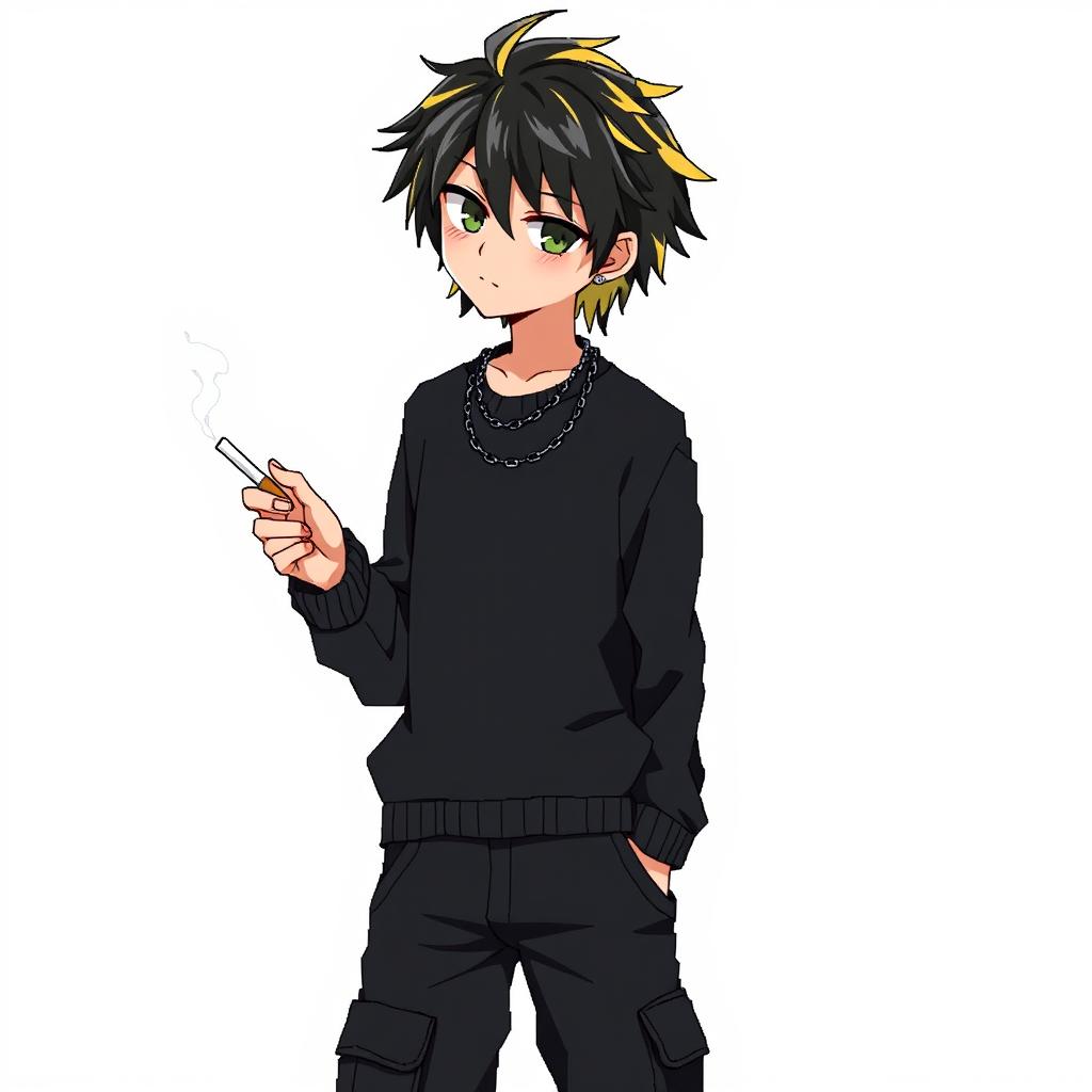 An anime-style artwork featuring a boy with dark medium-length hair, with the back of his hair dyed blonde