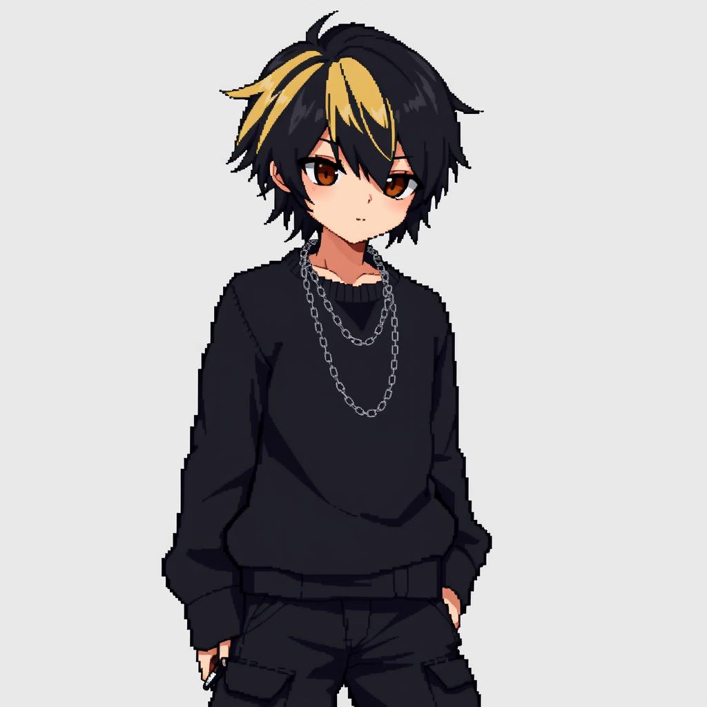 An anime-inspired pixel art depiction featuring a boy with dark medium hair that transitions to blonde at the back