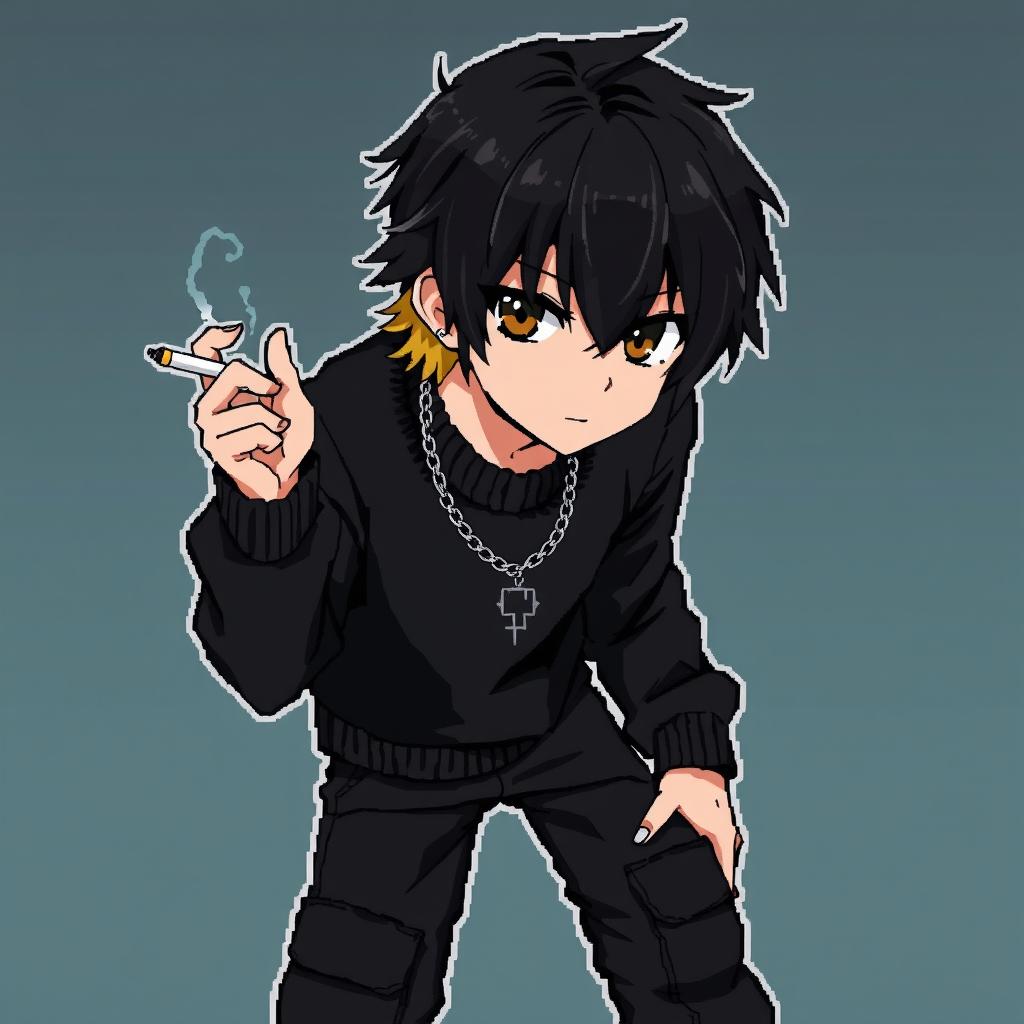 Anime artwork in a pixel style featuring a boy with dark medium-length hair, the back of his hair being blonde