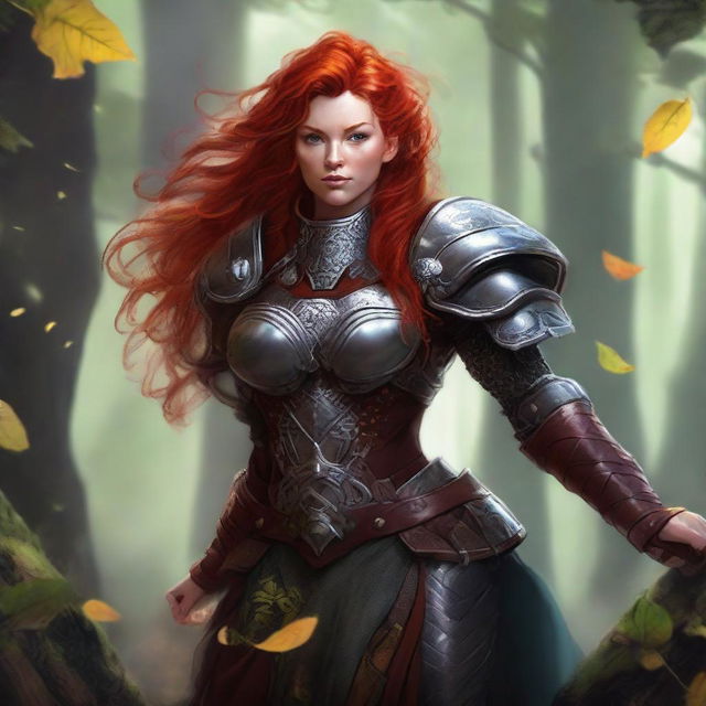 An empowering image of a redhead dwarven female kineticist, unarmed, encased in her commanding heavy armor. Mastery over wood and earth elements is on display as she forces a whirl of air with floating leaves and rocks around her.