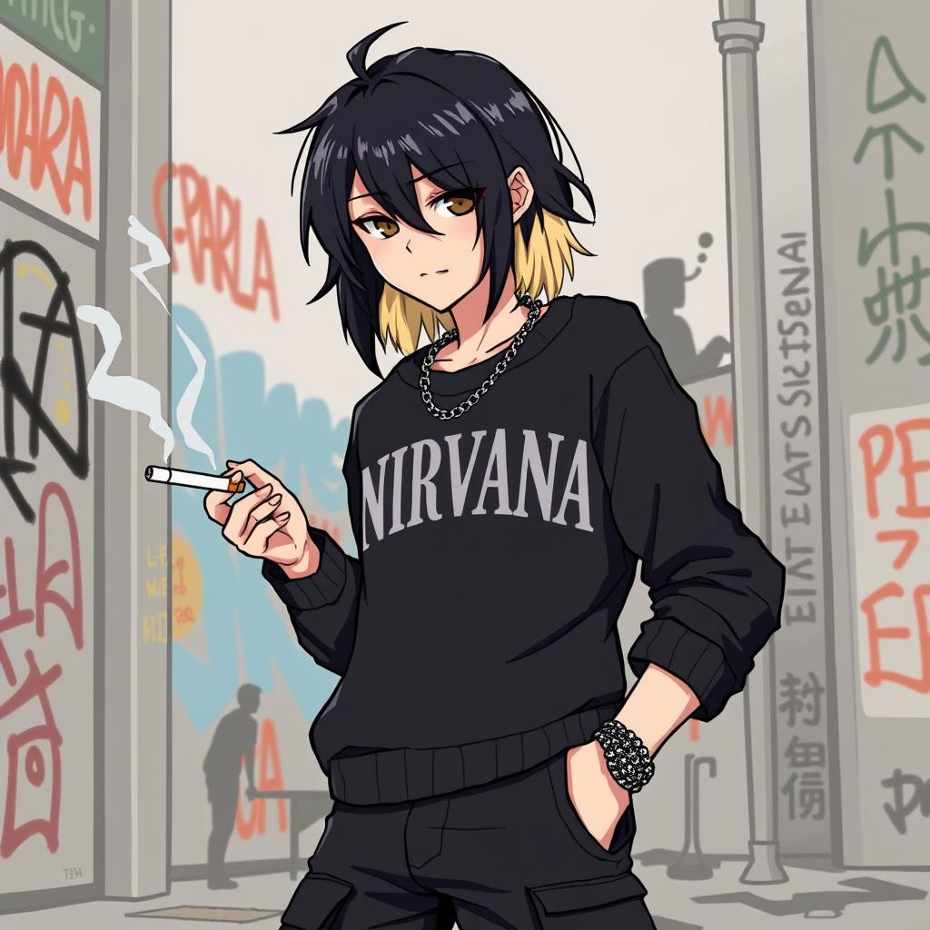 A pixel art anime style illustration of a boy with dark medium-length hair, featuring a striking blonde back