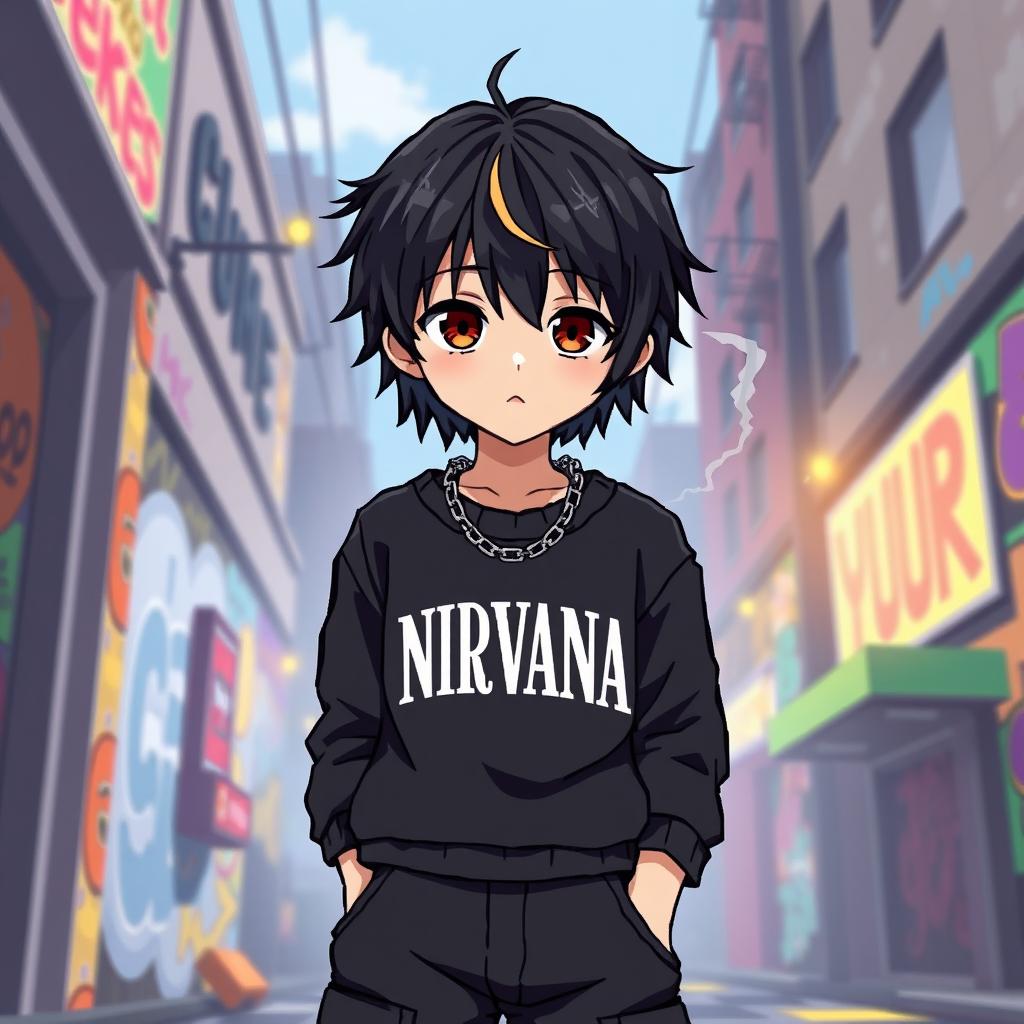 An anime-style pixel art depiction of a young boy with dark medium-length hair that transitions to blonde at the back