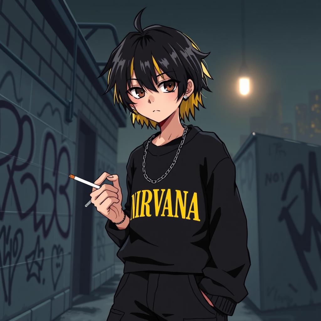 A boy in anime-pixel style, with dark medium-length hair and the back of his hair dyed blonde