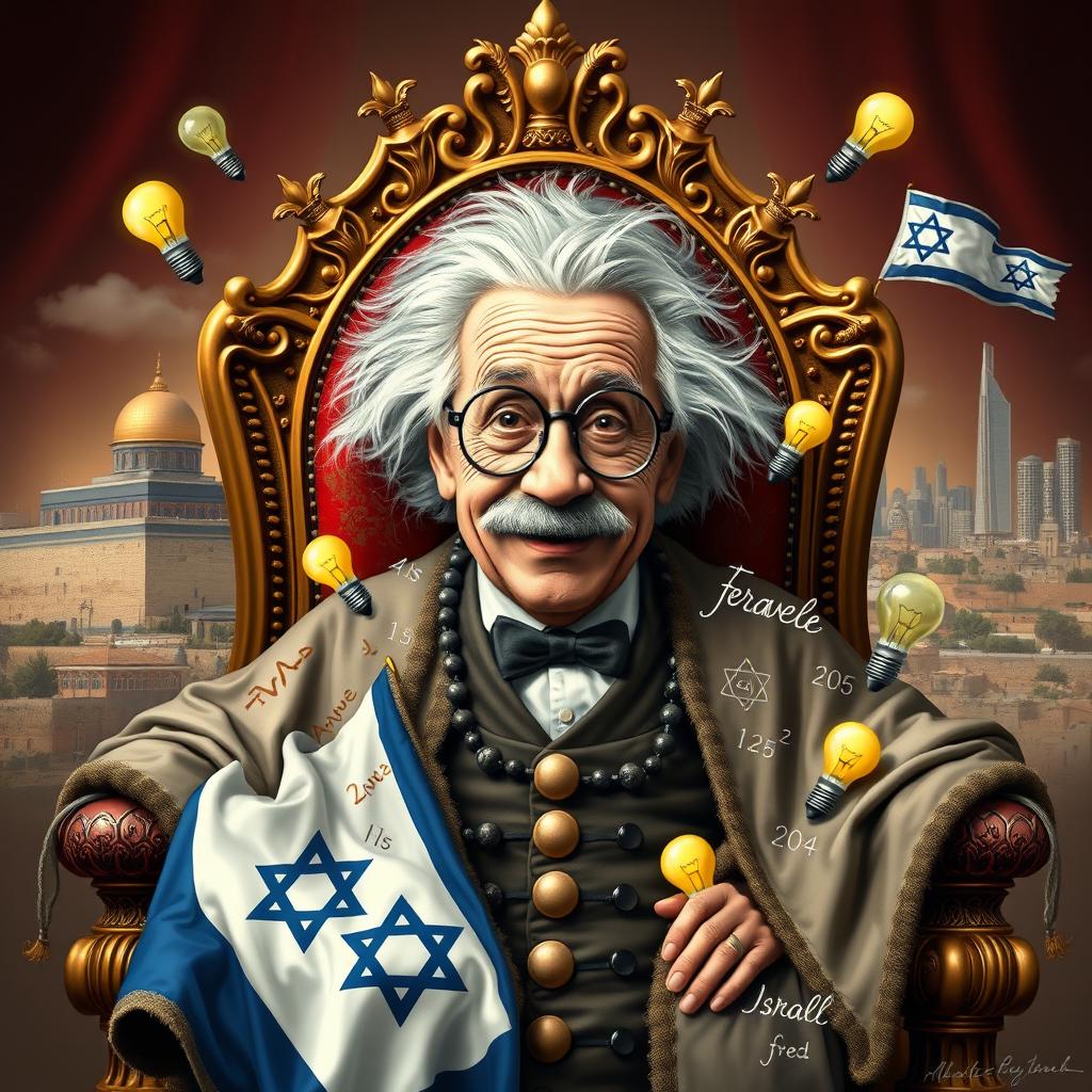A whimsical portrait of Albert Einstein depicted as the ruler of Israel, seated on a lavish throne surrounded by humorous insignias of power