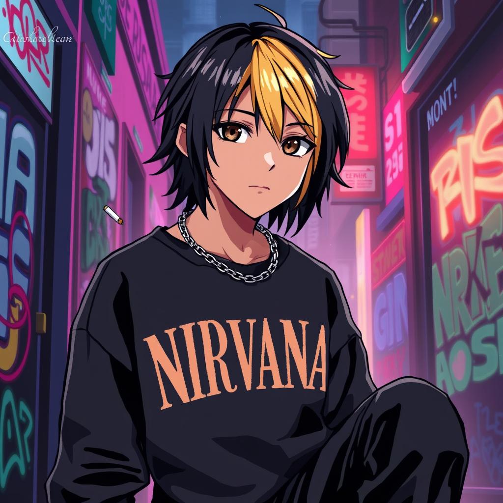 An anime-pixel style artwork featuring a teenage boy with dark medium-length hair, the back of his hair dyed blonde