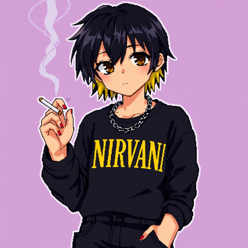 An anime-style pixel art of a teenage boy with dark medium-length hair and blonde highlights at the back