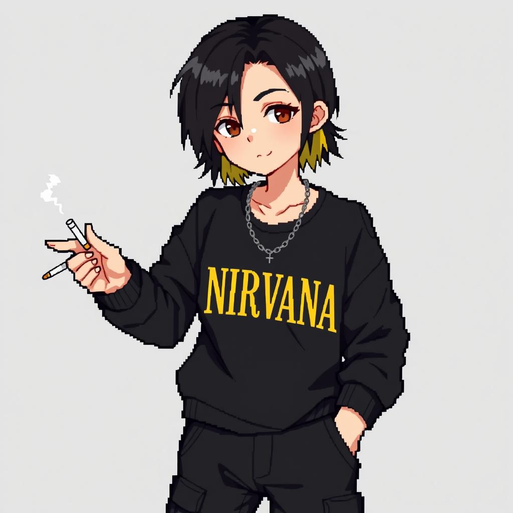 A pixel art anime style illustration of a teenage boy with dark medium length hair that has blonde highlights at the back