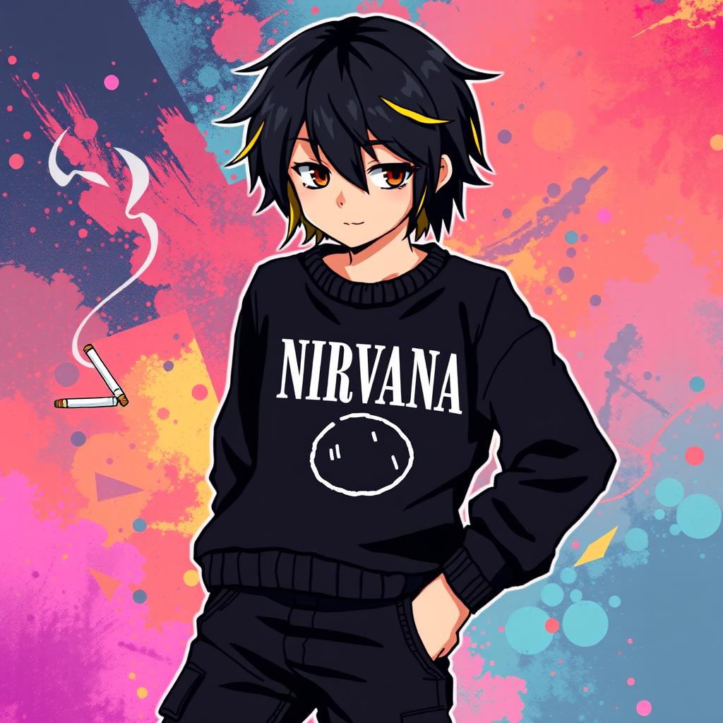 An anime-style pixel artwork of a teenage boy with dark medium-length hair and blonde tips at the back