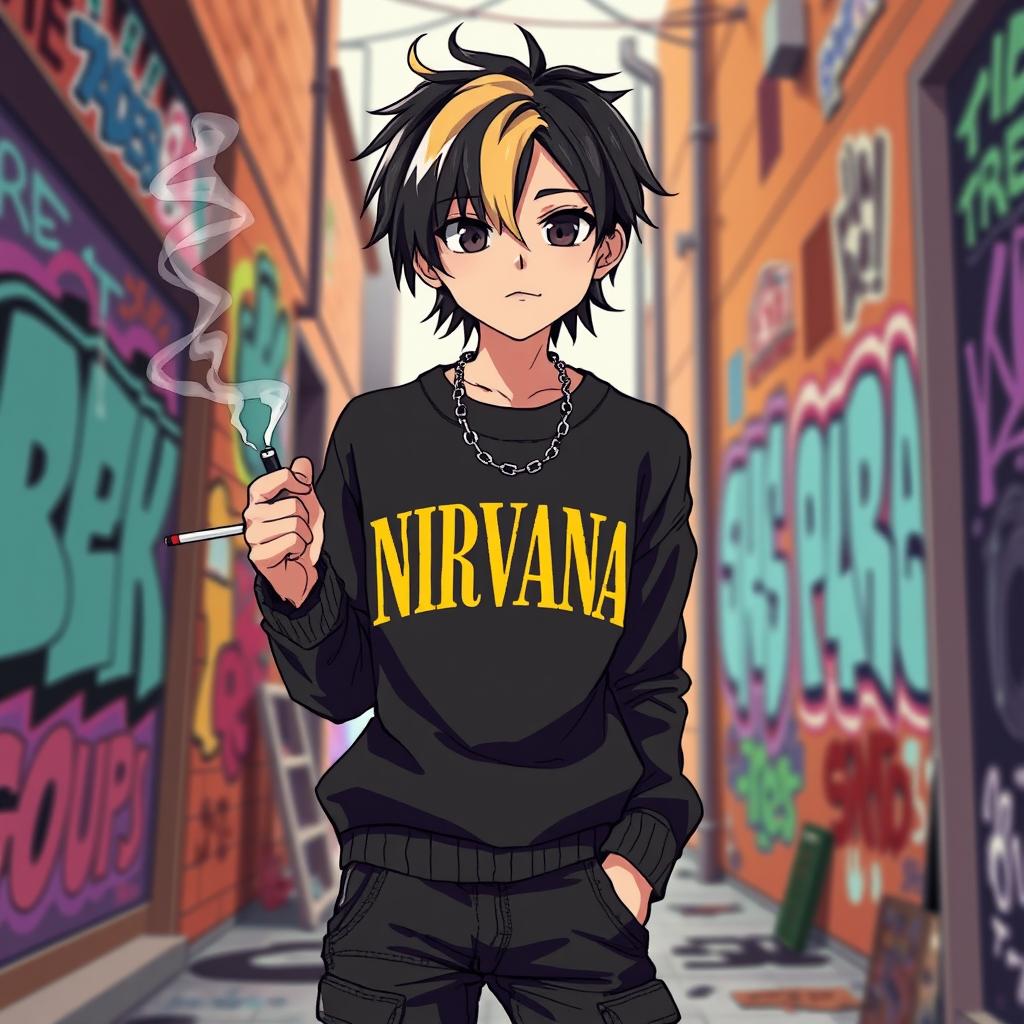 An anime pixel artwork featuring a teenage boy with dark medium hair, the back of which is blonde