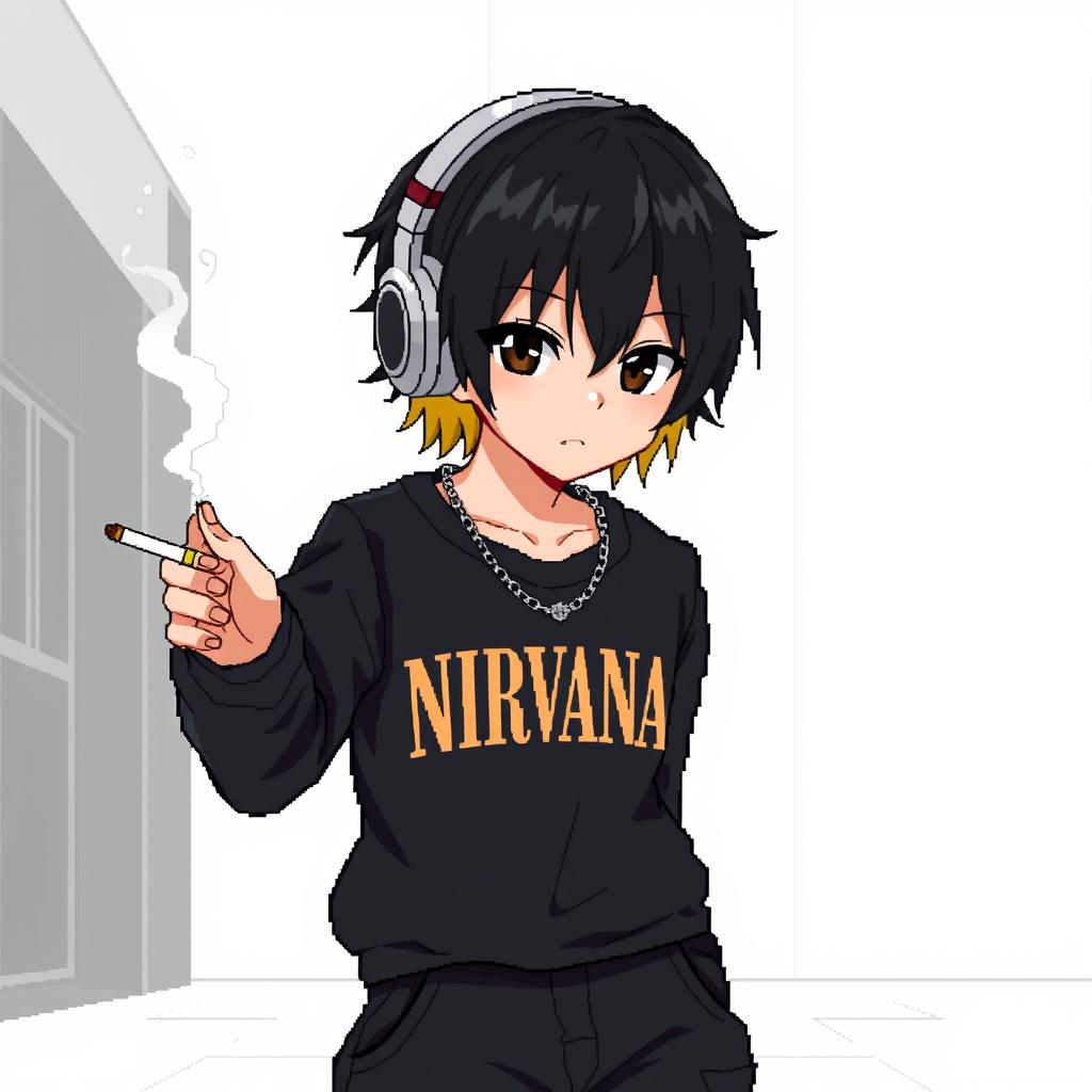A pixel anime artwork of a teenage boy with dark medium hair that has blonde tips at the back
