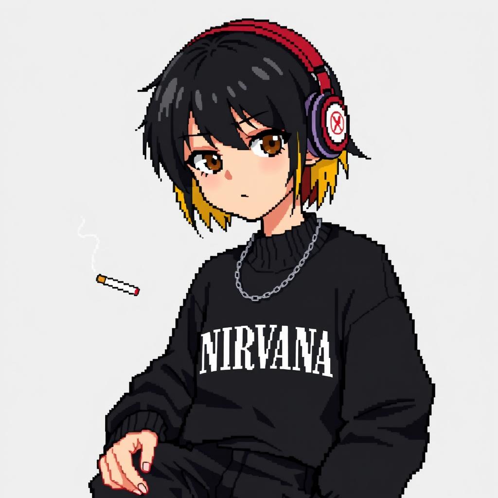 A pixel anime artwork of a teenage boy with dark medium-length hair that transitions to blonde at the back