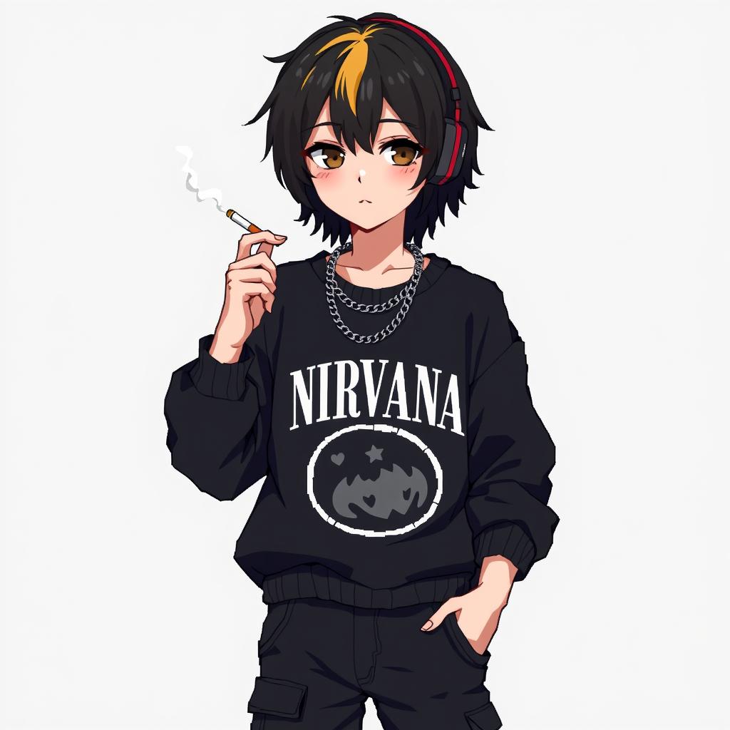 A pixel anime artwork featuring a teenage boy with dark medium-length hair, with the back of his hair dyed blonde