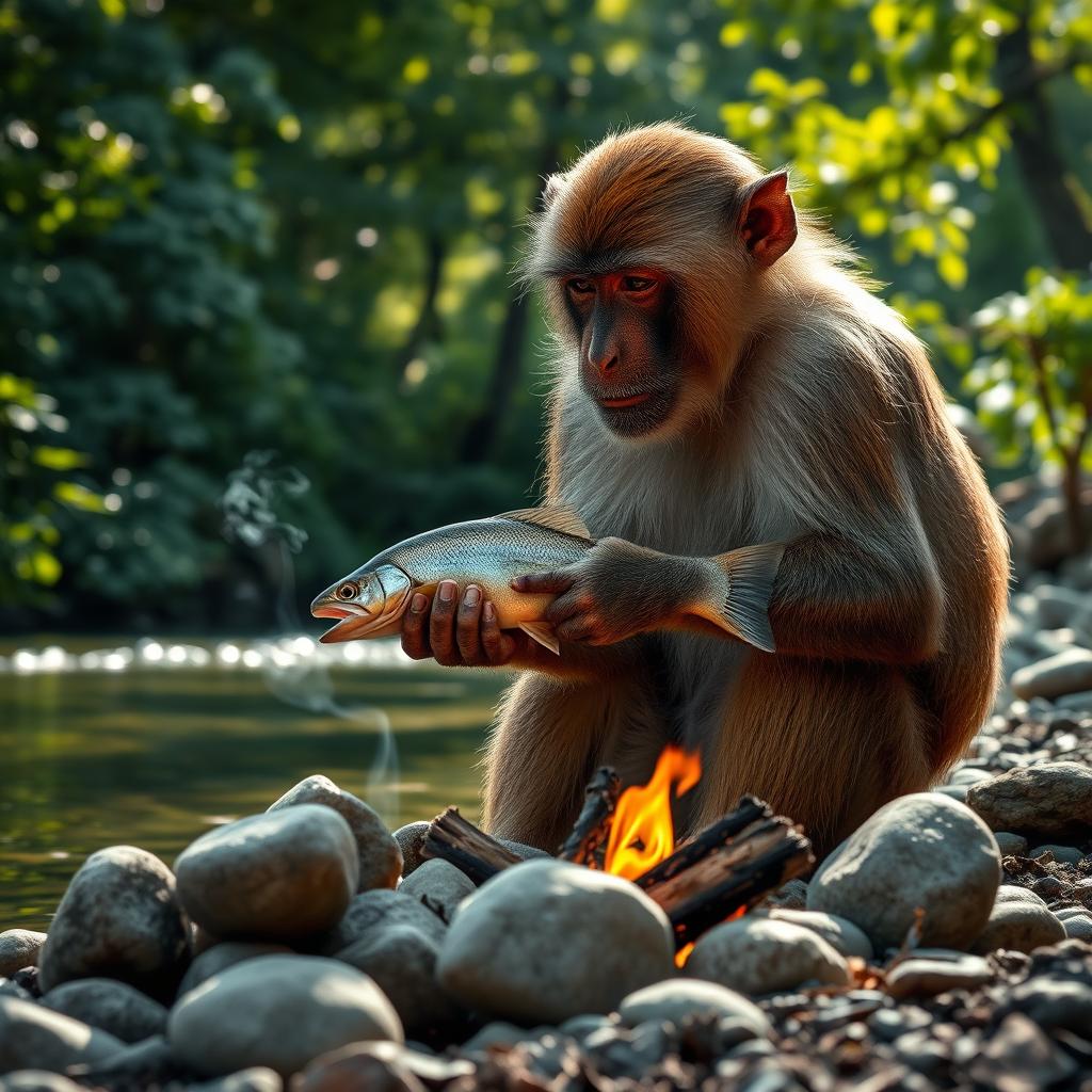 A life-size image of a monkey sitting by a riverbank, holding a freshly caught fish in its paws and gently eating it