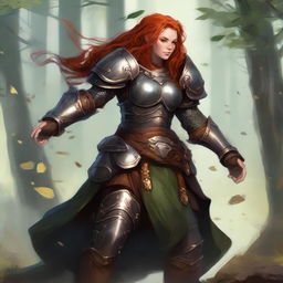 An empowering image of a redhead dwarven female kineticist, unarmed, encased in her commanding heavy armor. Mastery over wood and earth elements is on display as she forces a whirl of air with floating leaves and rocks around her.