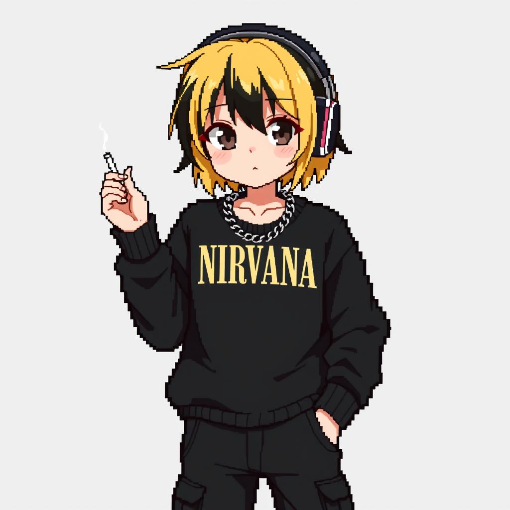 A pixel anime artwork featuring a teenage boy with dark medium-length hair that transitions to blonde at the back