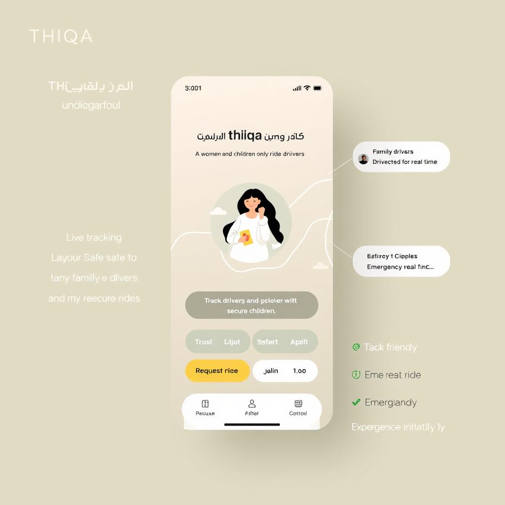 An app interface for THIQA, a women and children-only ride service driven by female drivers