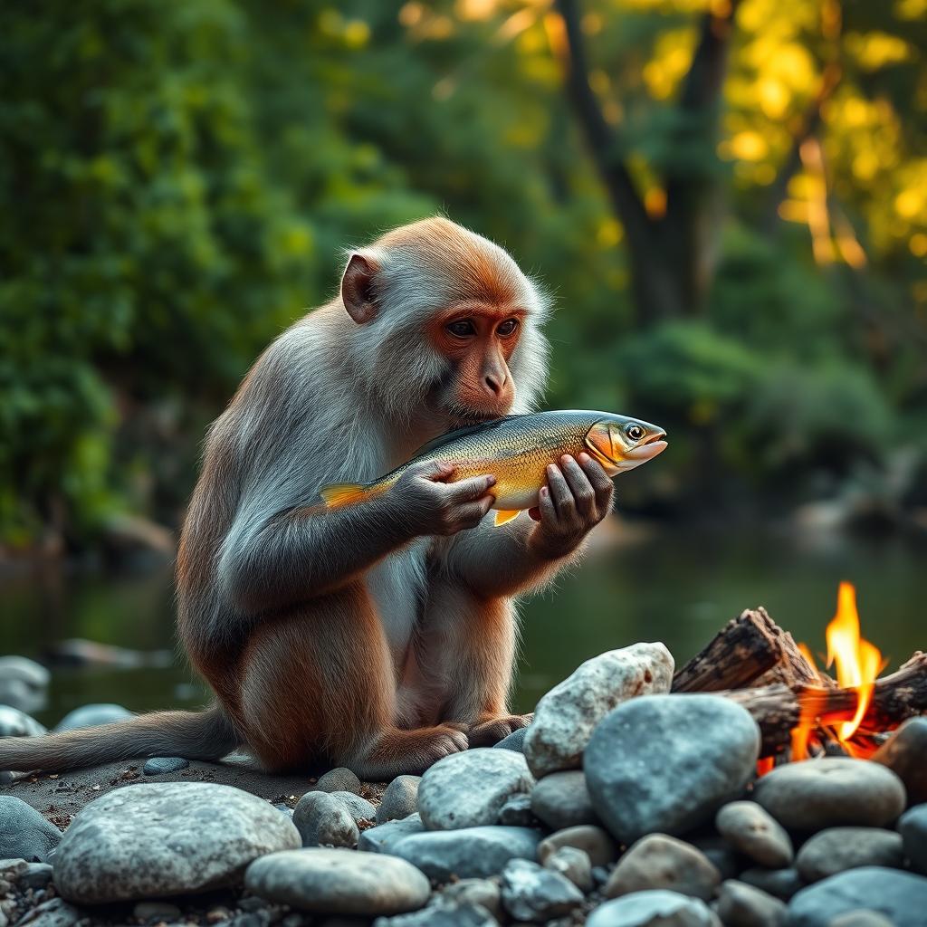 A life-size image of a monkey sitting by a riverbank, holding a freshly caught fish in its paws and gently eating it