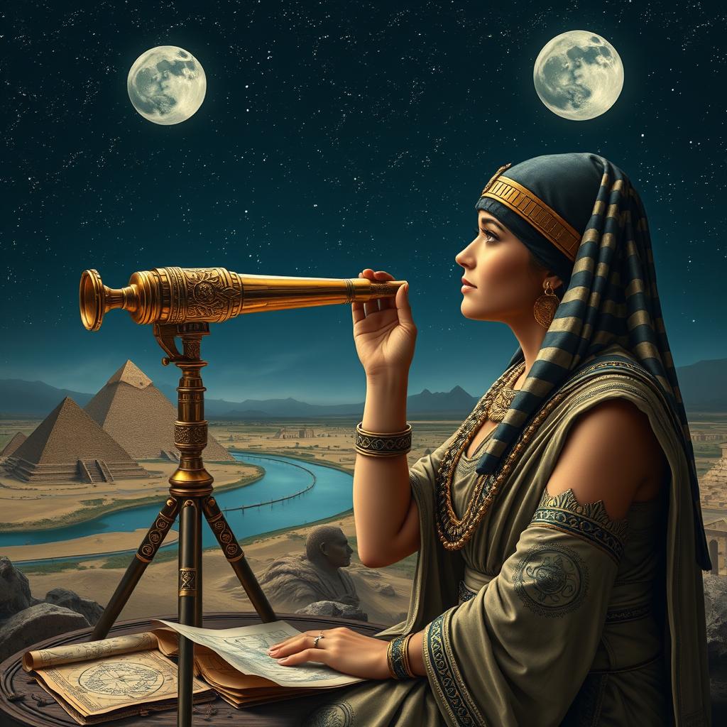 A historical, imaginative scene showing Cleopatra, dressed in her royal Egyptian attire with intricate details, gazing dreamily at the moon through a beautifully ornate telescope