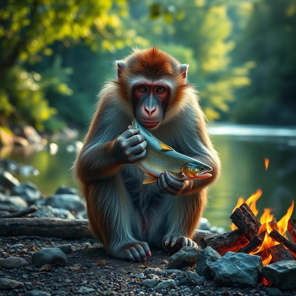 A life-size image of a monkey sitting by a riverbank, holding a freshly caught fish in its paws, gently eating it