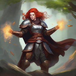 An empowering image of a redhead dwarven female kineticist, unarmed, encased in her commanding heavy armor. Mastery over wood and earth elements is on display as she forces a whirl of air with floating leaves and rocks around her.