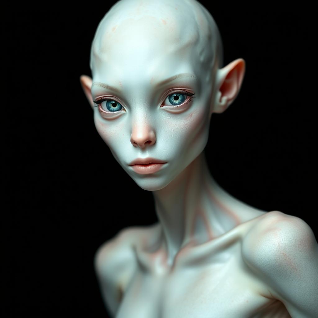 A beautifully physically developed humanoid figure with a slender, somewhat streamlined body, featuring very light, almost pearlescent skin