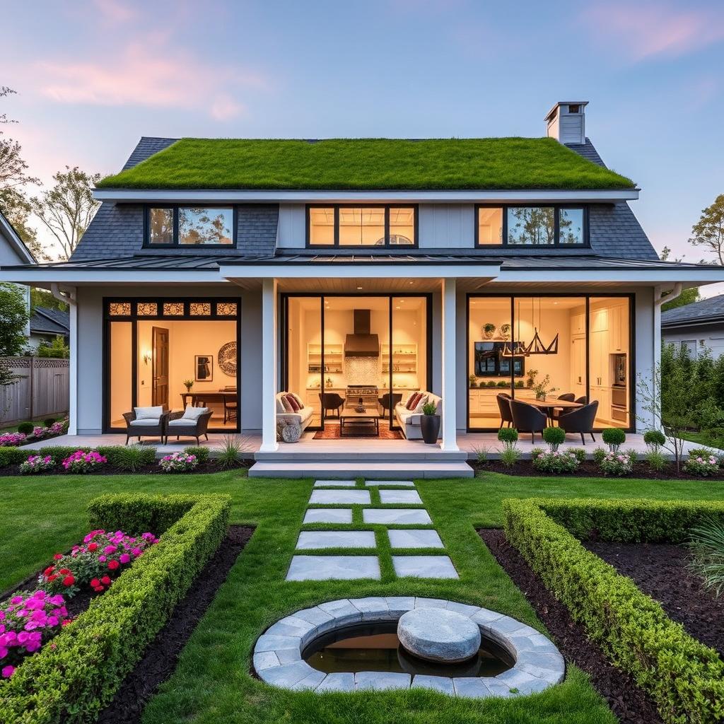 A beautifully renovated modern house situated in a serene suburban setting, showcasing a balanced mix of contemporary architecture and classic elements