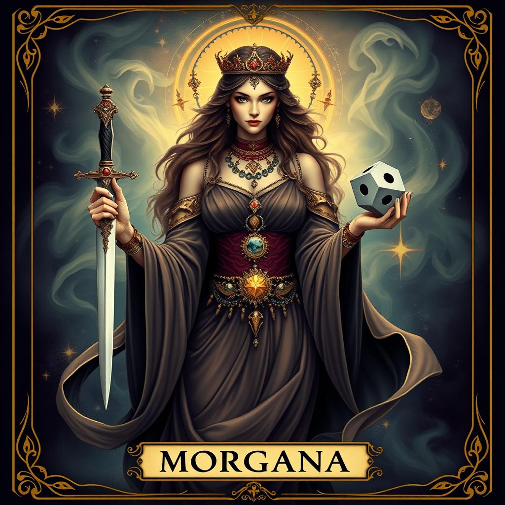 A tarot card featuring 'Morgana' as the central figure, beautifully depicted in an ethereal and mystical style