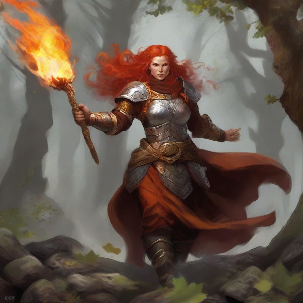 A commanding image of a fiery redhead dwarven female druid empowered only with wood and earth control, enshrined in her hefty armor as she directs a tumult of leaves and rocks to swirl in an air current around her.