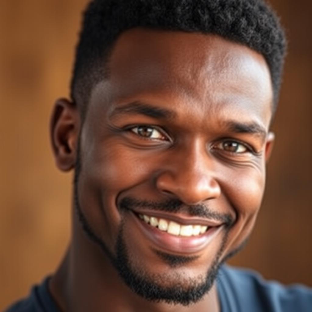 A portrait of an African American male featuring strong, defined facial features with a smooth skin complexion