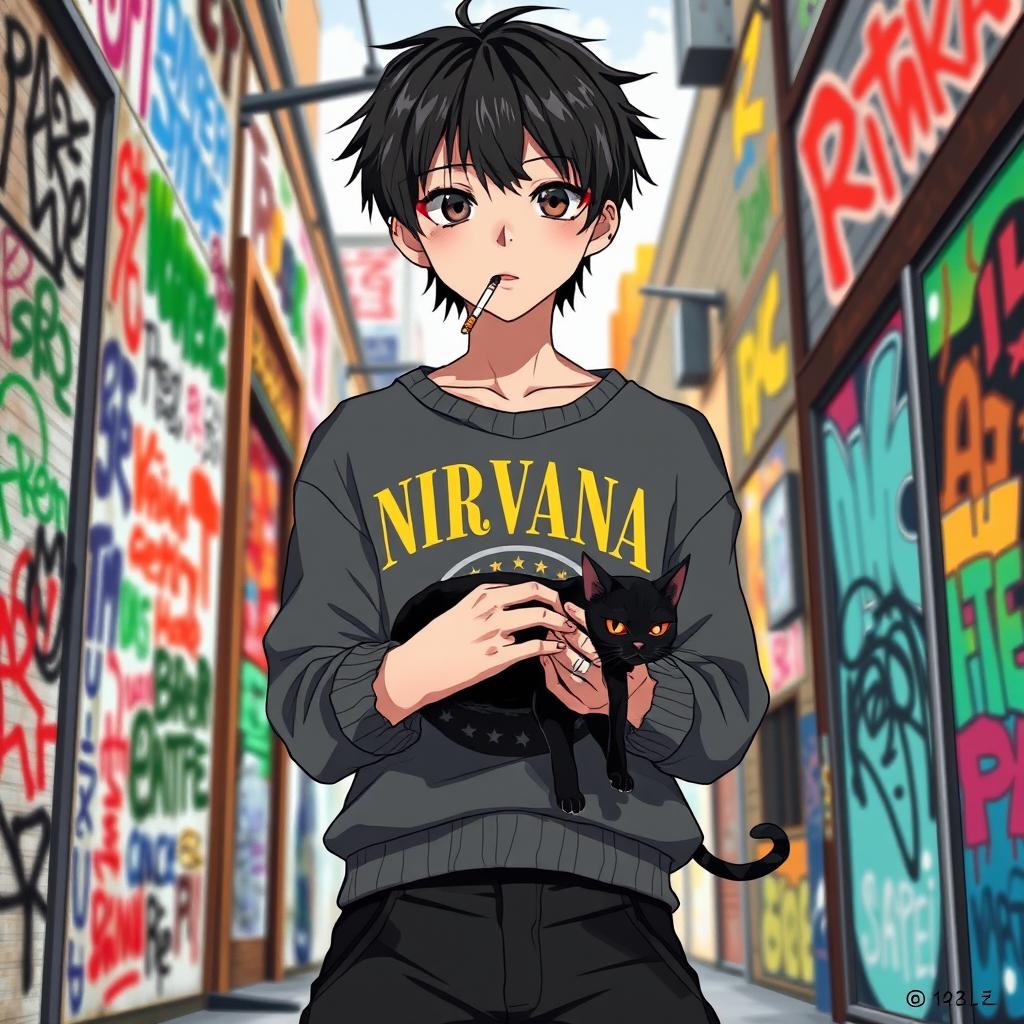 An anime-style artwork featuring a teenage boy with medium black hair, the back of which is dyed blonde