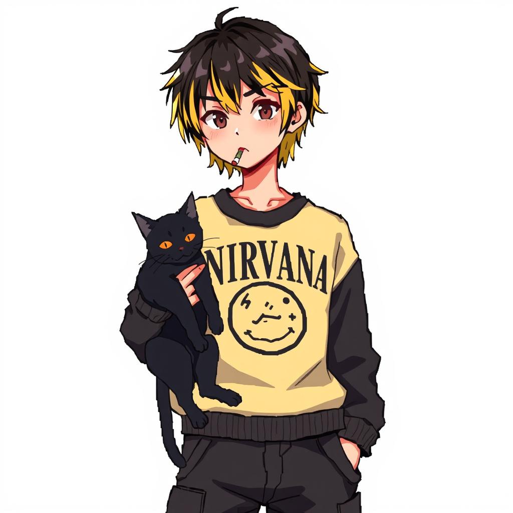 A teenage boy with medium black hair, the back dyed blonde, wearing a Nirvana sweater and black cargo pants