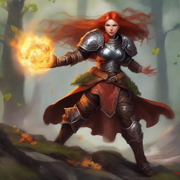 A commanding image of a fiery redhead dwarven female druid empowered only with wood and earth control, enshrined in her hefty armor as she directs a tumult of leaves and rocks to swirl in an air current around her.